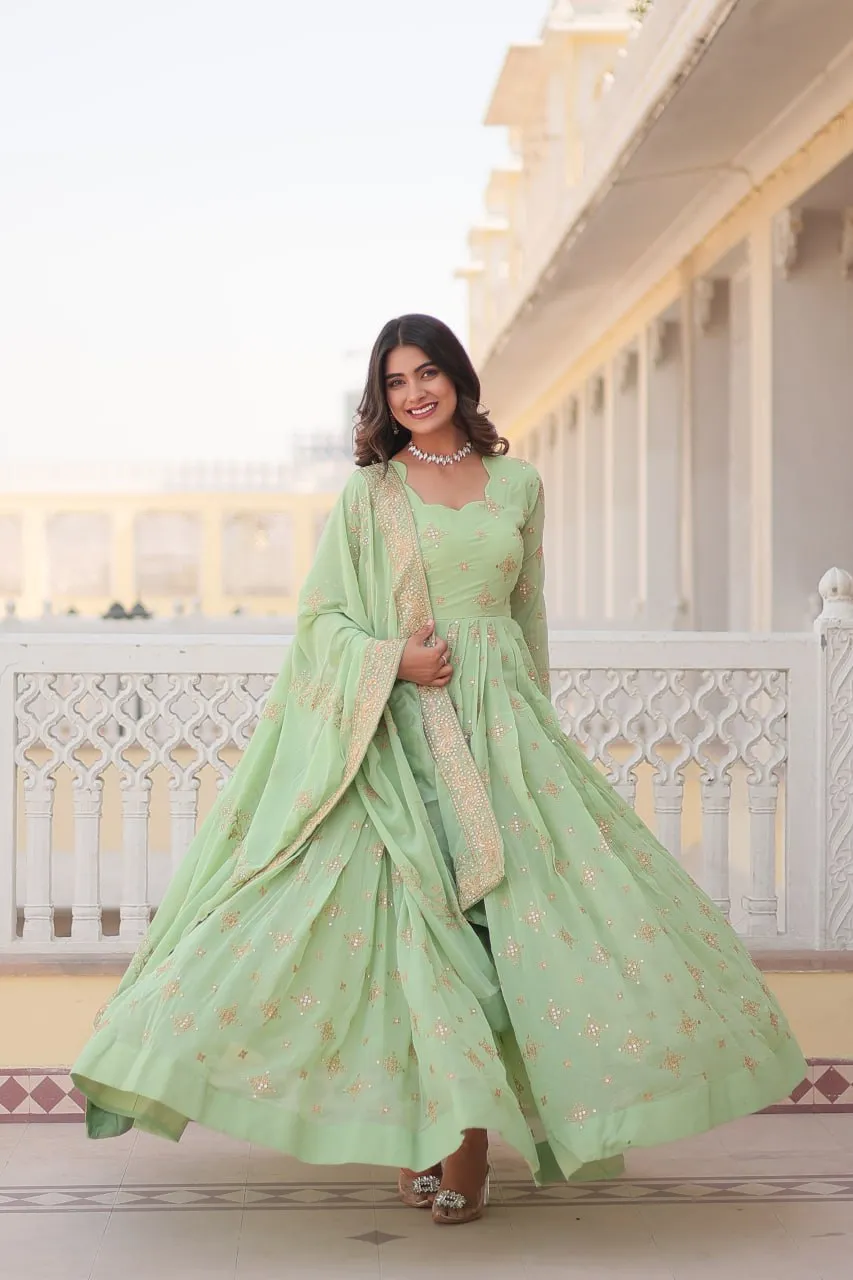 Faux Georgette Pista Green Gown with Zari & Sequin Embroidered Dupatta