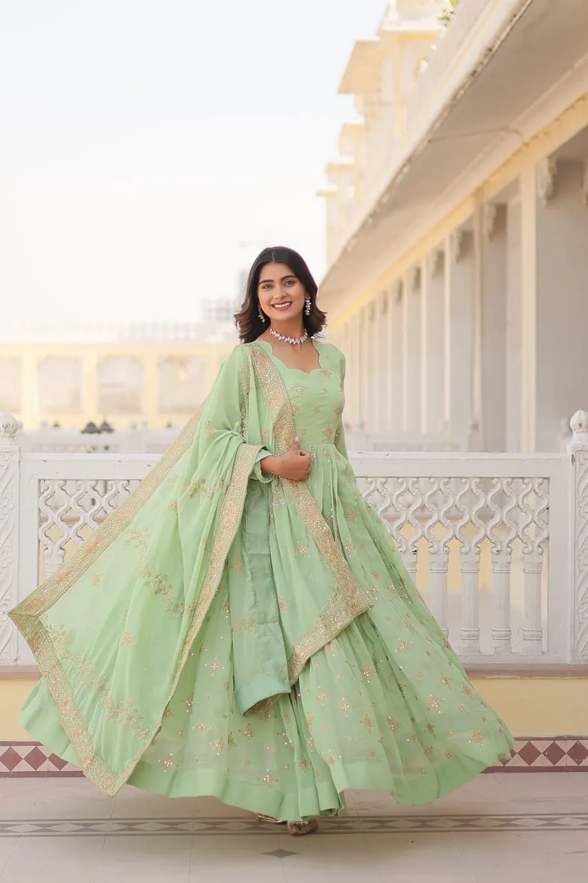 Faux Georgette Pista Green Gown with Zari & Sequin Embroidered Dupatta