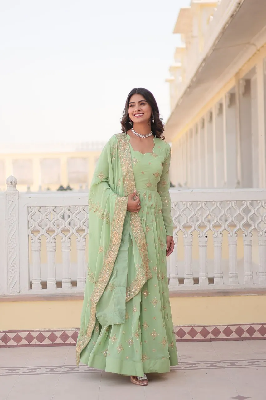 Faux Georgette Pista Green Gown with Zari & Sequin Embroidered Dupatta