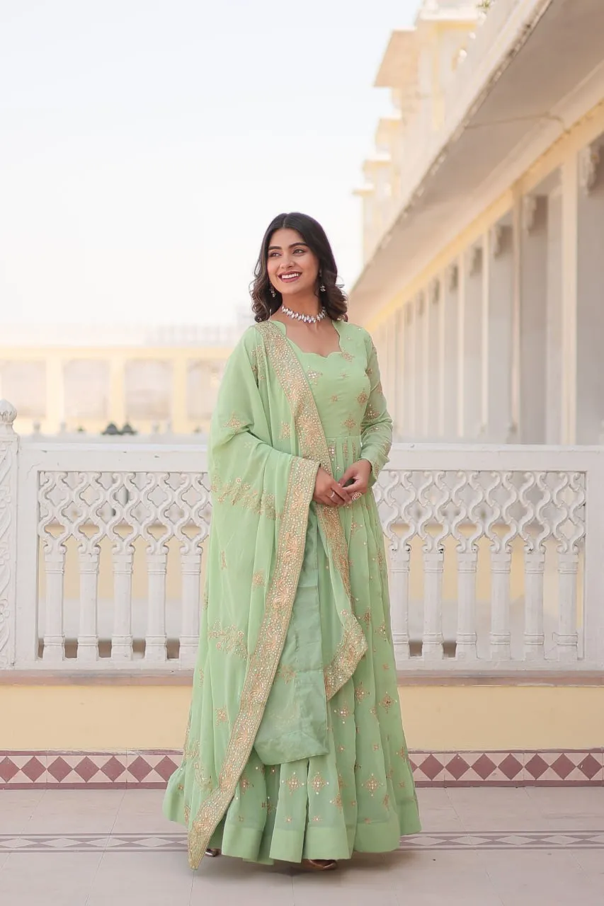 Faux Georgette Pista Green Gown with Zari & Sequin Embroidered Dupatta