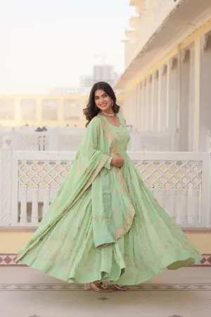 Faux Georgette Pista Green Gown with Zari & Sequin Embroidered Dupatta