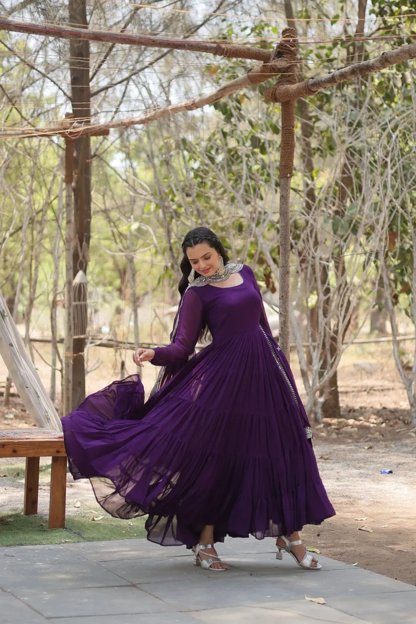 Faux Georgette Purple Gown with Cascading Frills and Sequin Dupatta