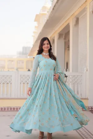 Faux Georgette Sky Blue Gown with Zari & Sequin Embroidered Dupatta