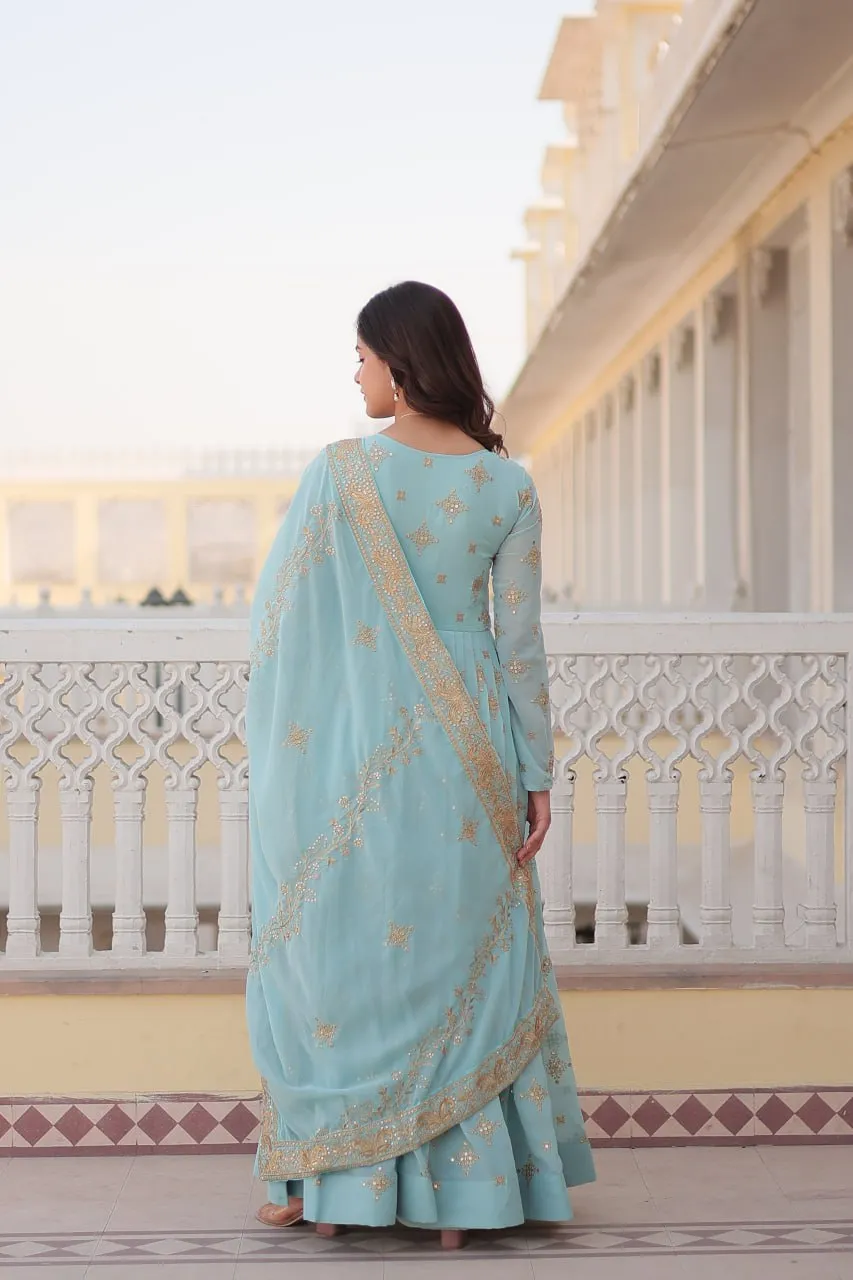 Faux Georgette Sky Blue Gown with Zari & Sequin Embroidered Dupatta