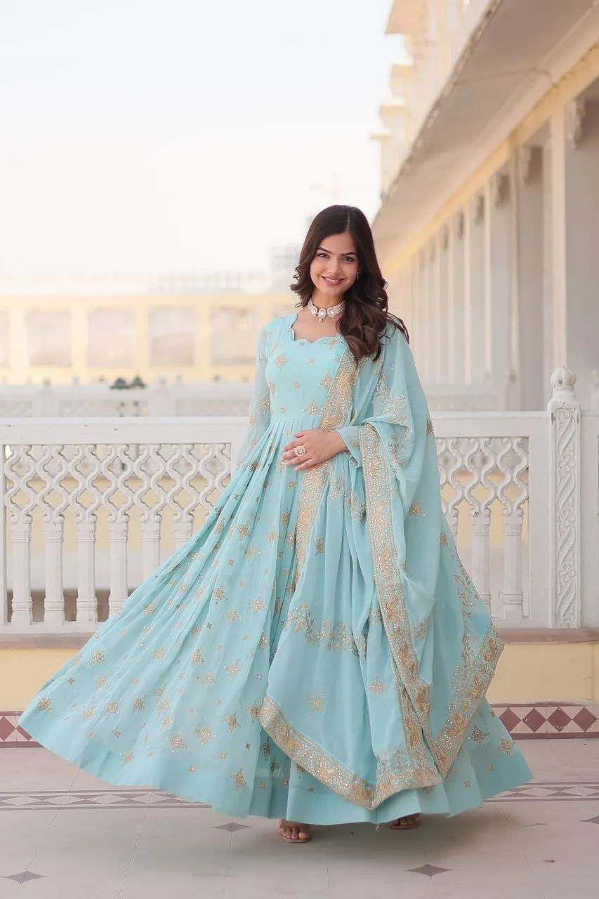 Faux Georgette Sky Blue Gown with Zari & Sequin Embroidered Dupatta