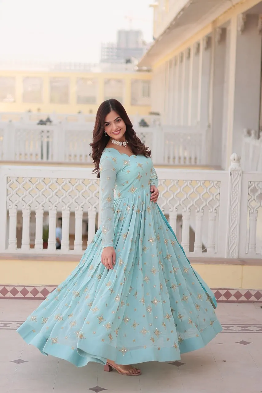 Faux Georgette Sky Blue Gown with Zari & Sequin Embroidered Dupatta