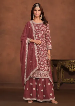 Faux Georgette Taupe Mauve Embroidered Festive Salwar Suit