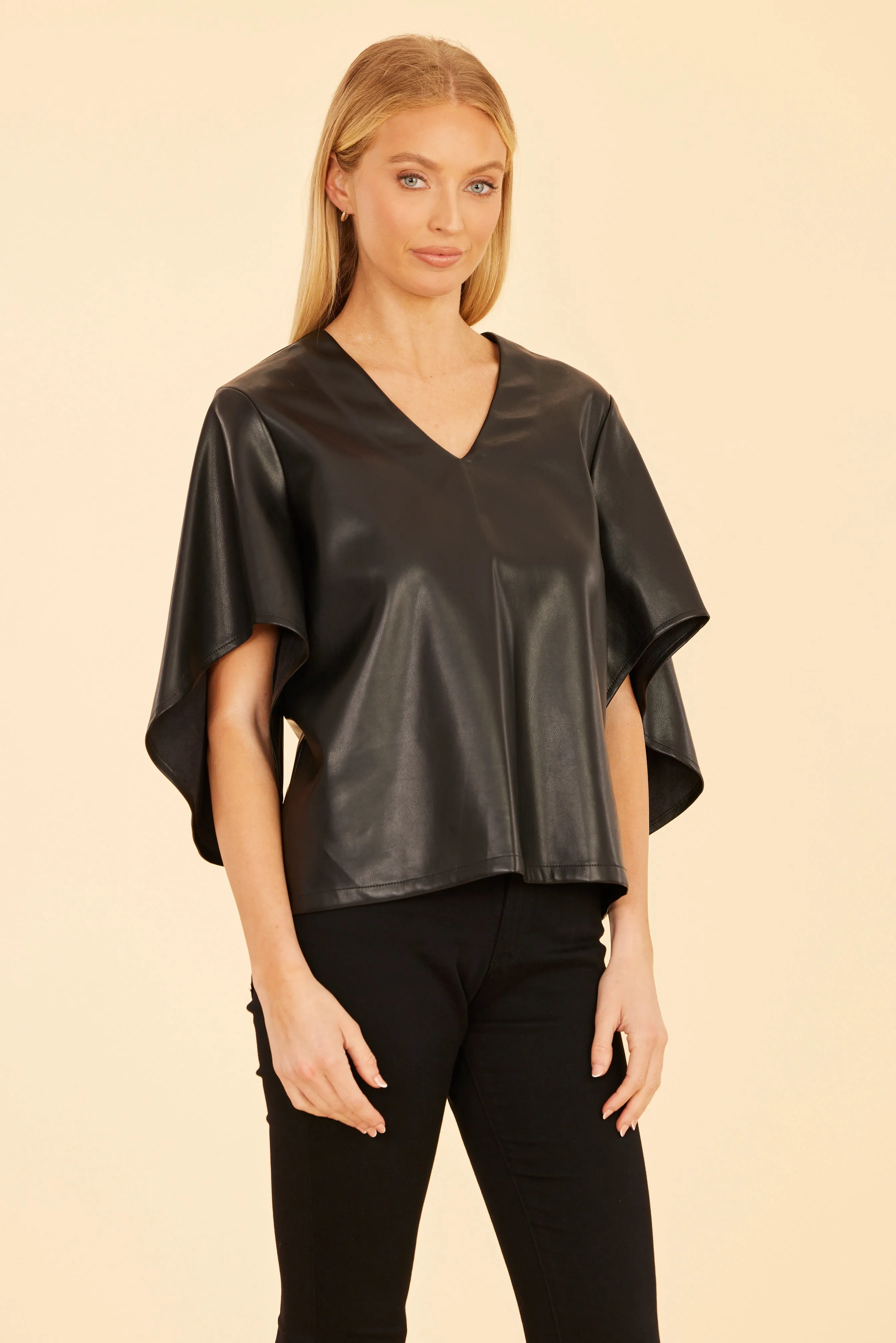 Faux Leather Cascade Sleeve Top