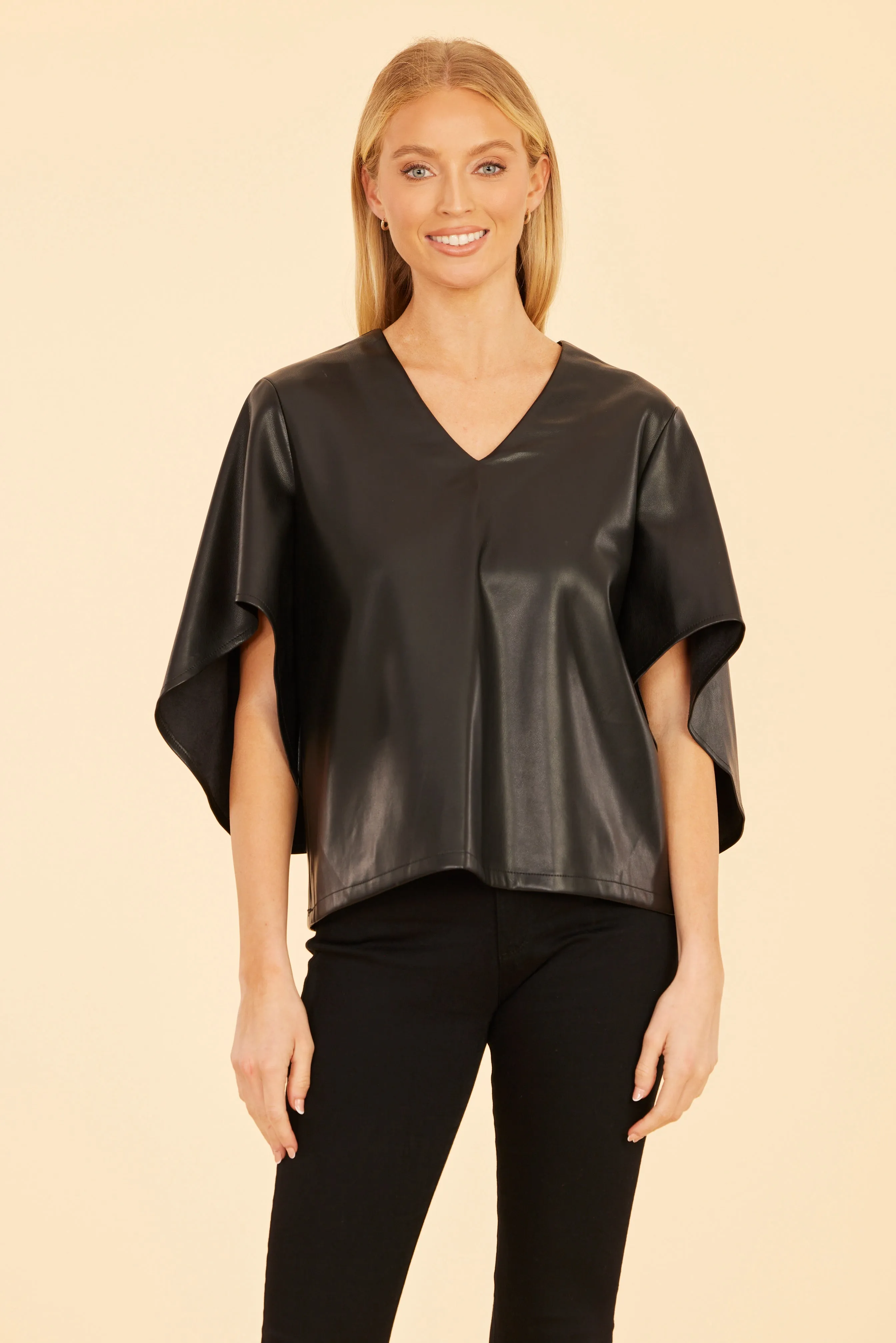 Faux Leather Cascade Sleeve Top