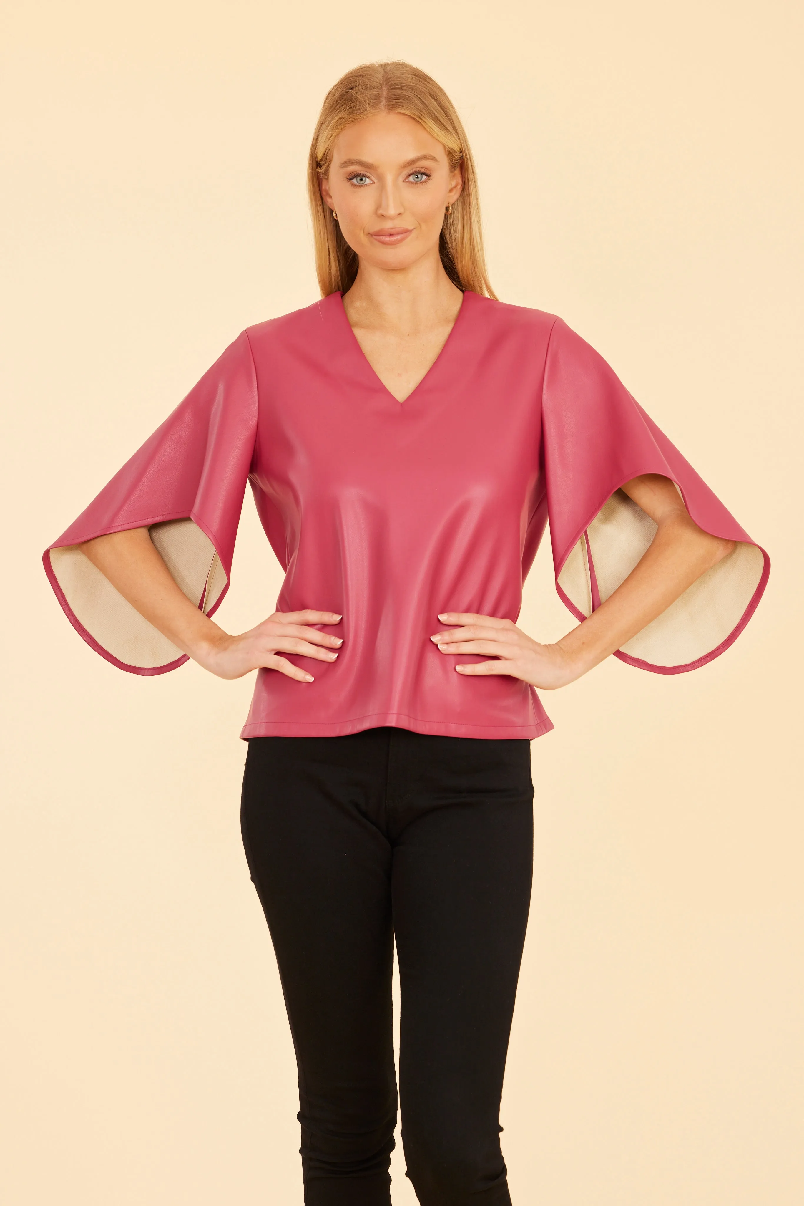 Faux Leather Cascade Sleeve Top