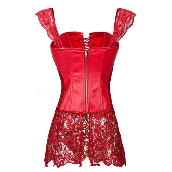 Faux Leather Strap Zipper Back Corset Lace Skirt