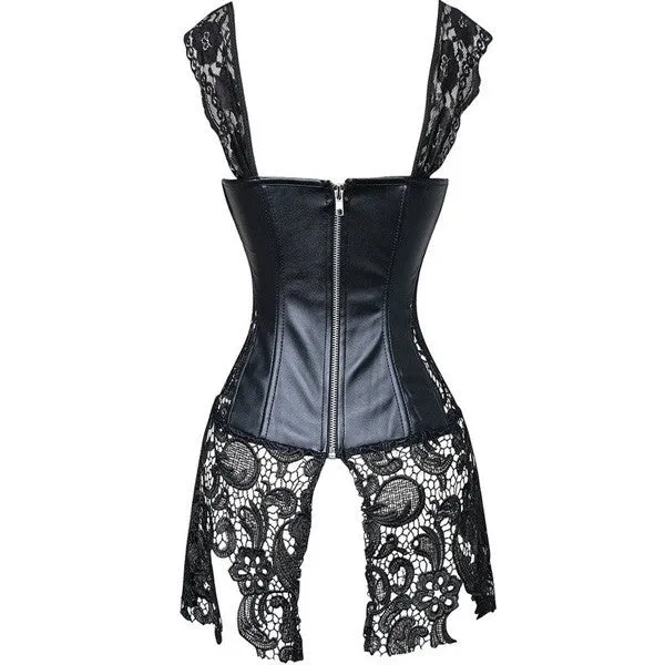 Faux Leather Strap Zipper Back Corset Lace Skirt