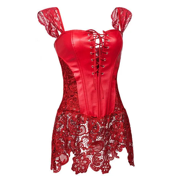 Faux Leather Strap Zipper Back Corset Lace Skirt