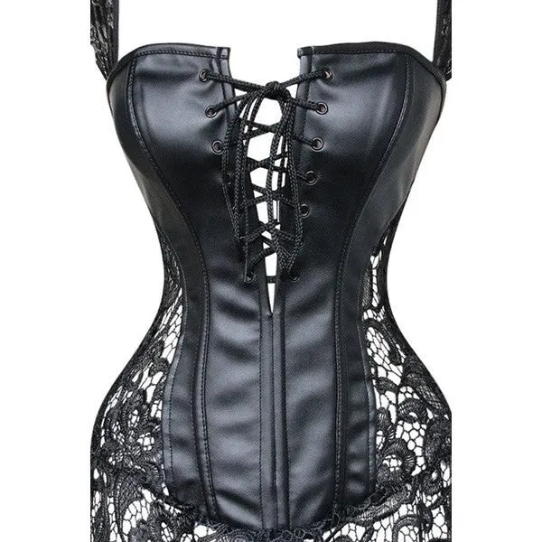 Faux Leather Strap Zipper Back Corset Lace Skirt