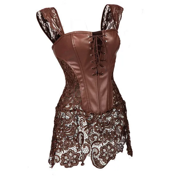 Faux Leather Strap Zipper Back Corset Lace Skirt