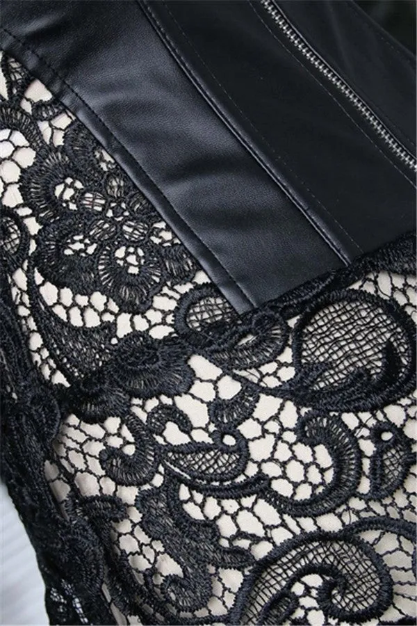 Faux Leather Strap Zipper Back Corset Lace Skirt