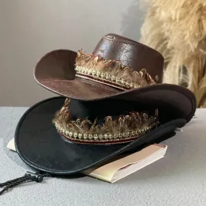 Faux Leather Vintage Feather Western Cowboy Hat