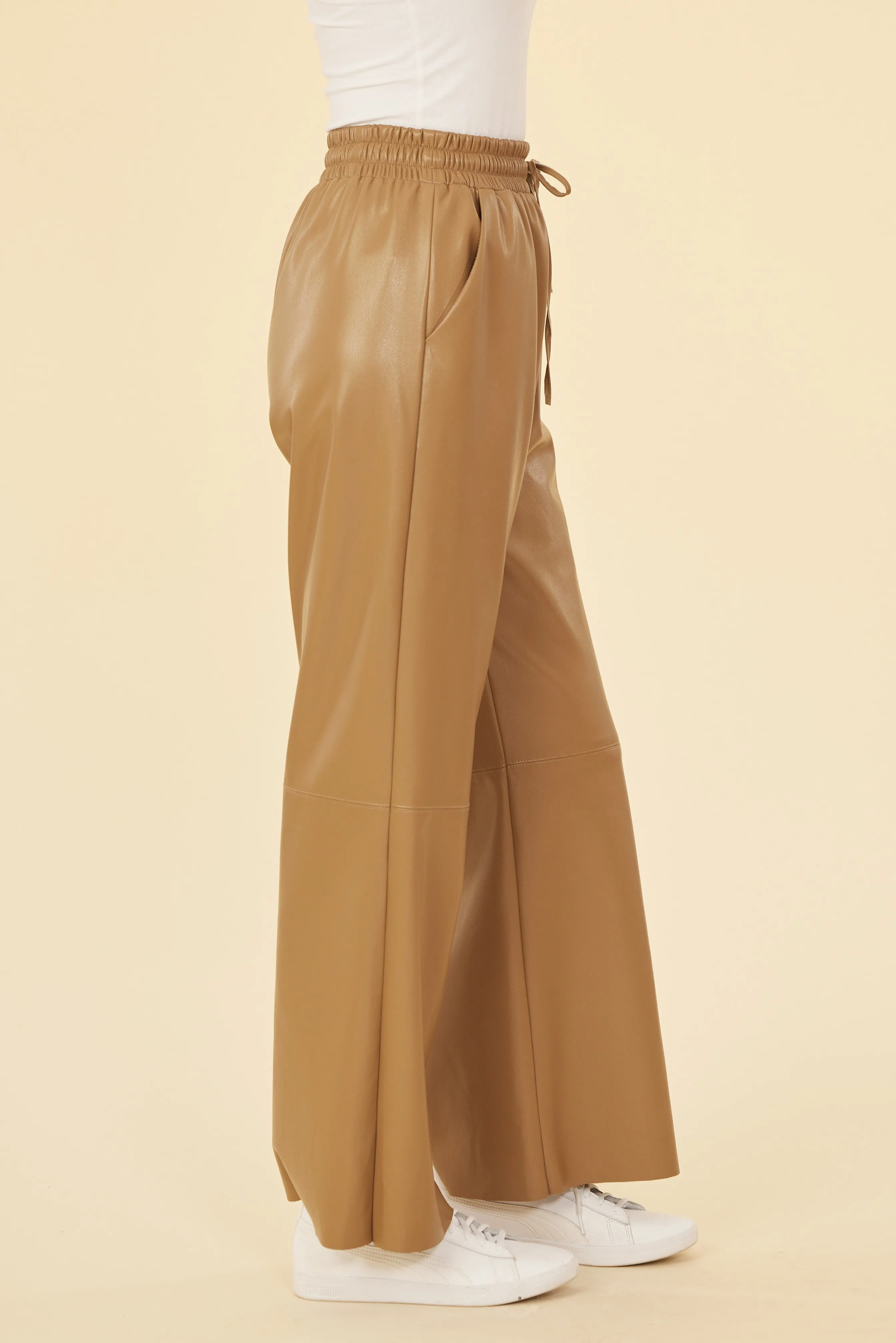 Faux Leather Wide Leg Drawstring Pants