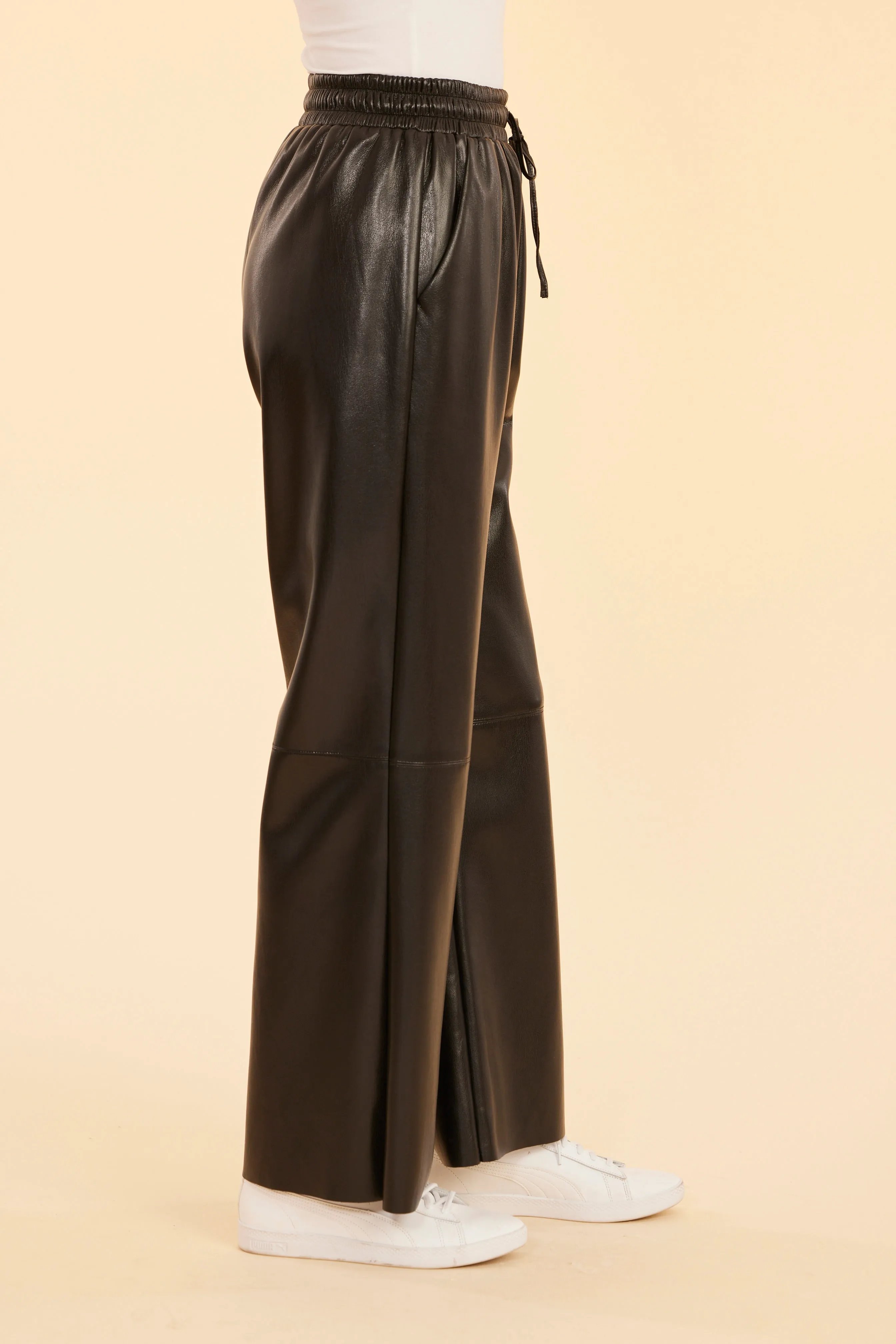 Faux Leather Wide Leg Drawstring Pants