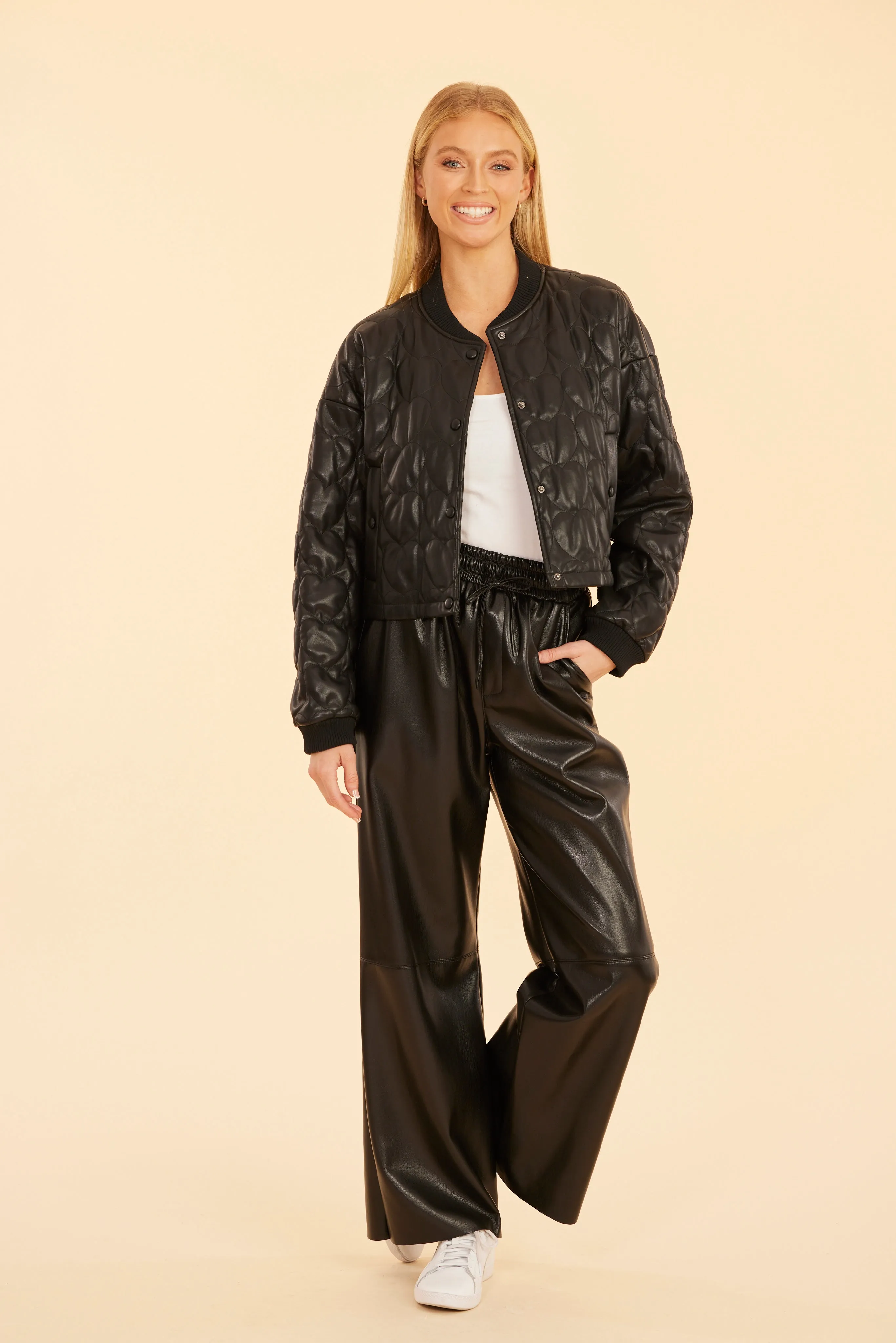 Faux Leather Wide Leg Drawstring Pants