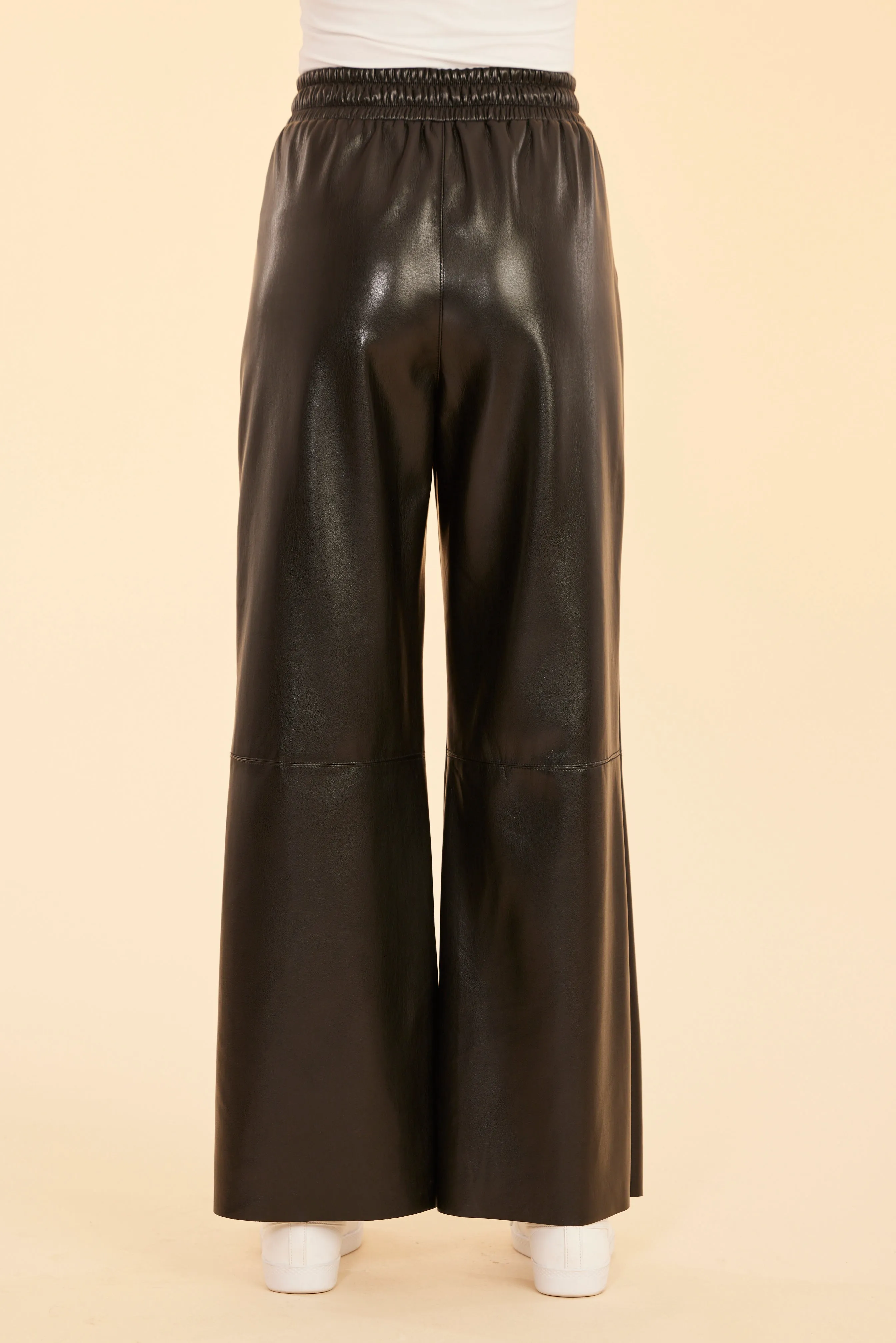 Faux Leather Wide Leg Drawstring Pants