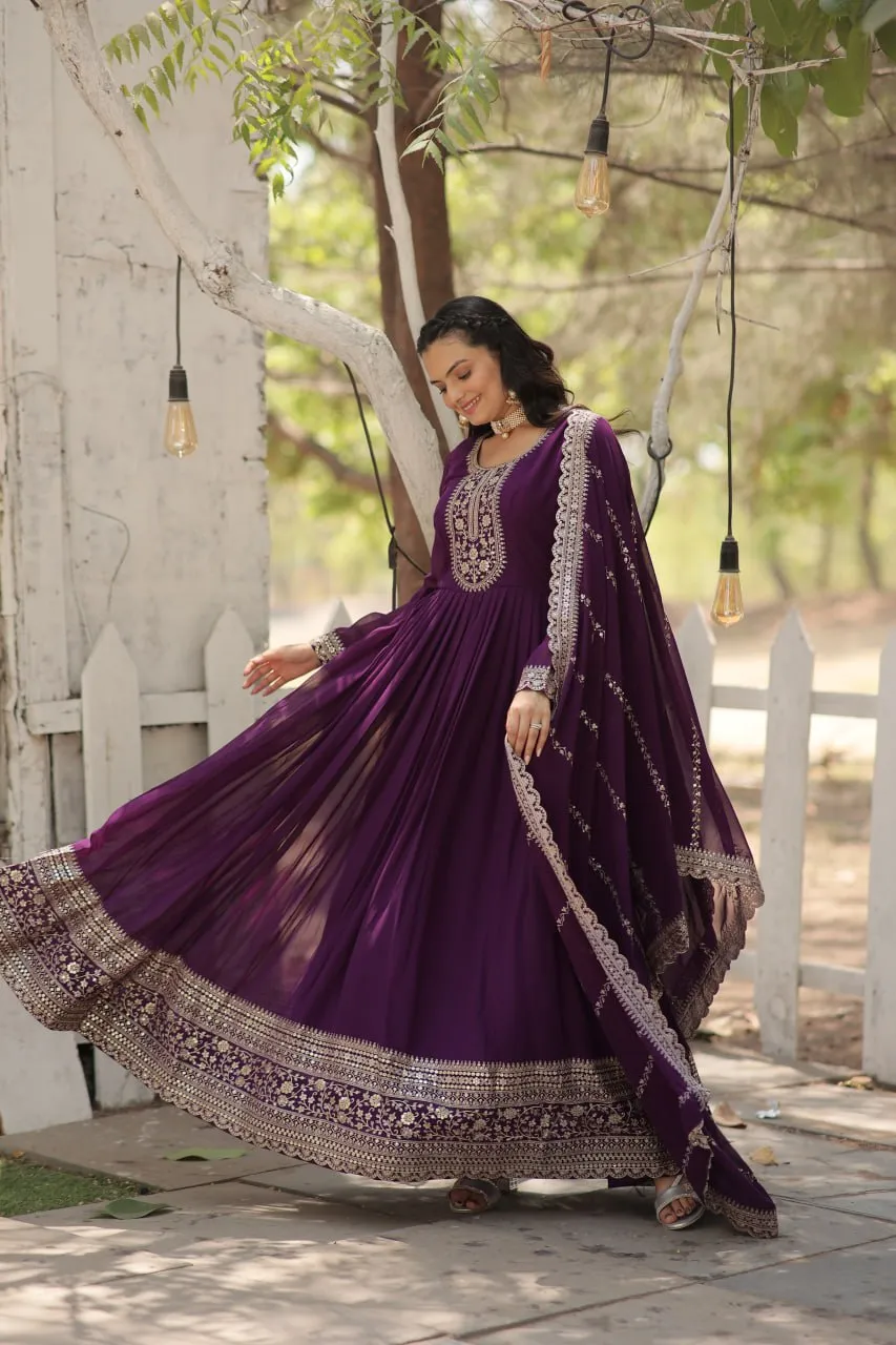 Faux Sequin Embroidered Purple Gown with Matching Dupatta