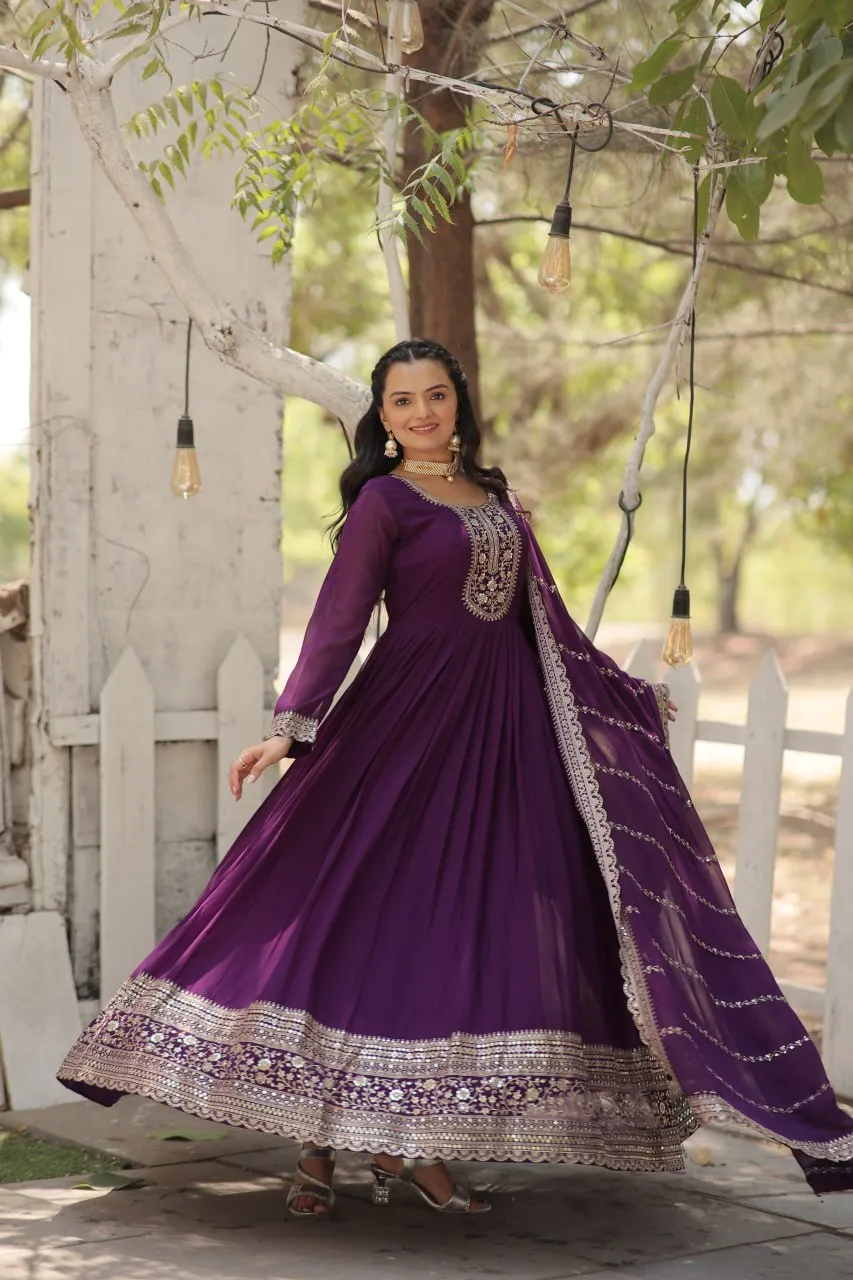 Faux Sequin Embroidered Purple Gown with Matching Dupatta