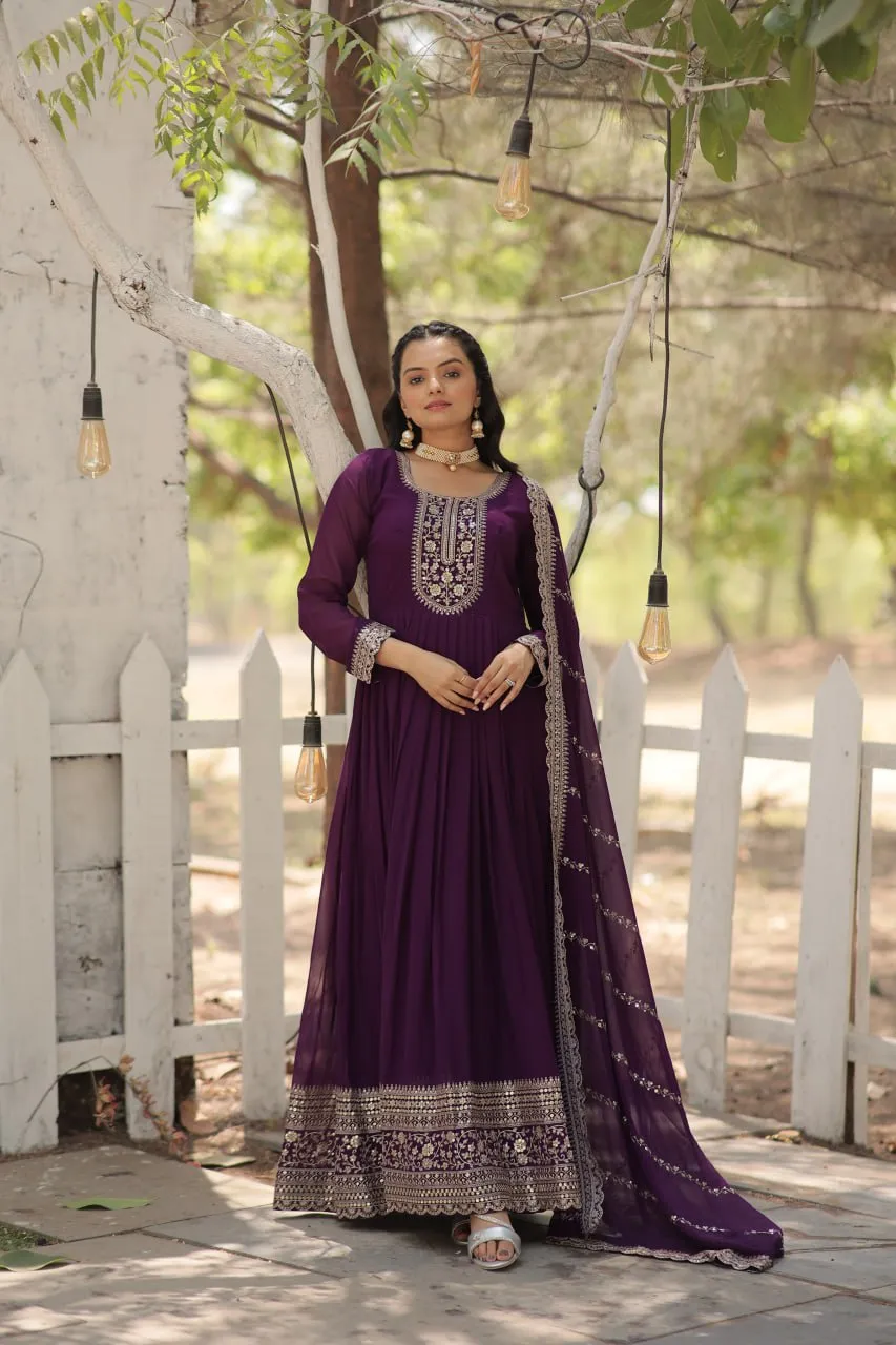 Faux Sequin Embroidered Purple Gown with Matching Dupatta