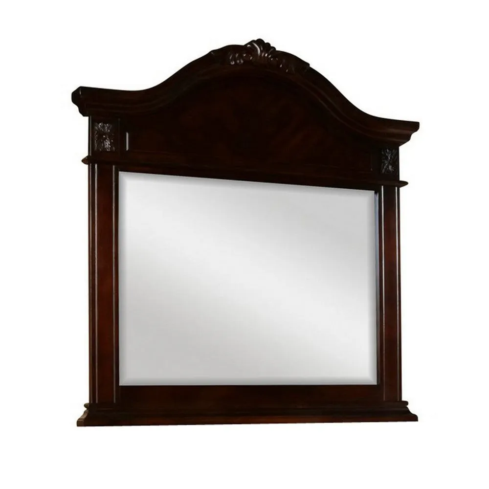 Fay 42 x 44 Dresser Mirror, Arched Hand Carved Frame, Dark Brown Maple Wood By Casagear Home