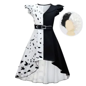 FC330 - Cruella Black and White Spot Devilish Halloween Costume Fancy Dress Up with Wig for Girls Size 4T to 14