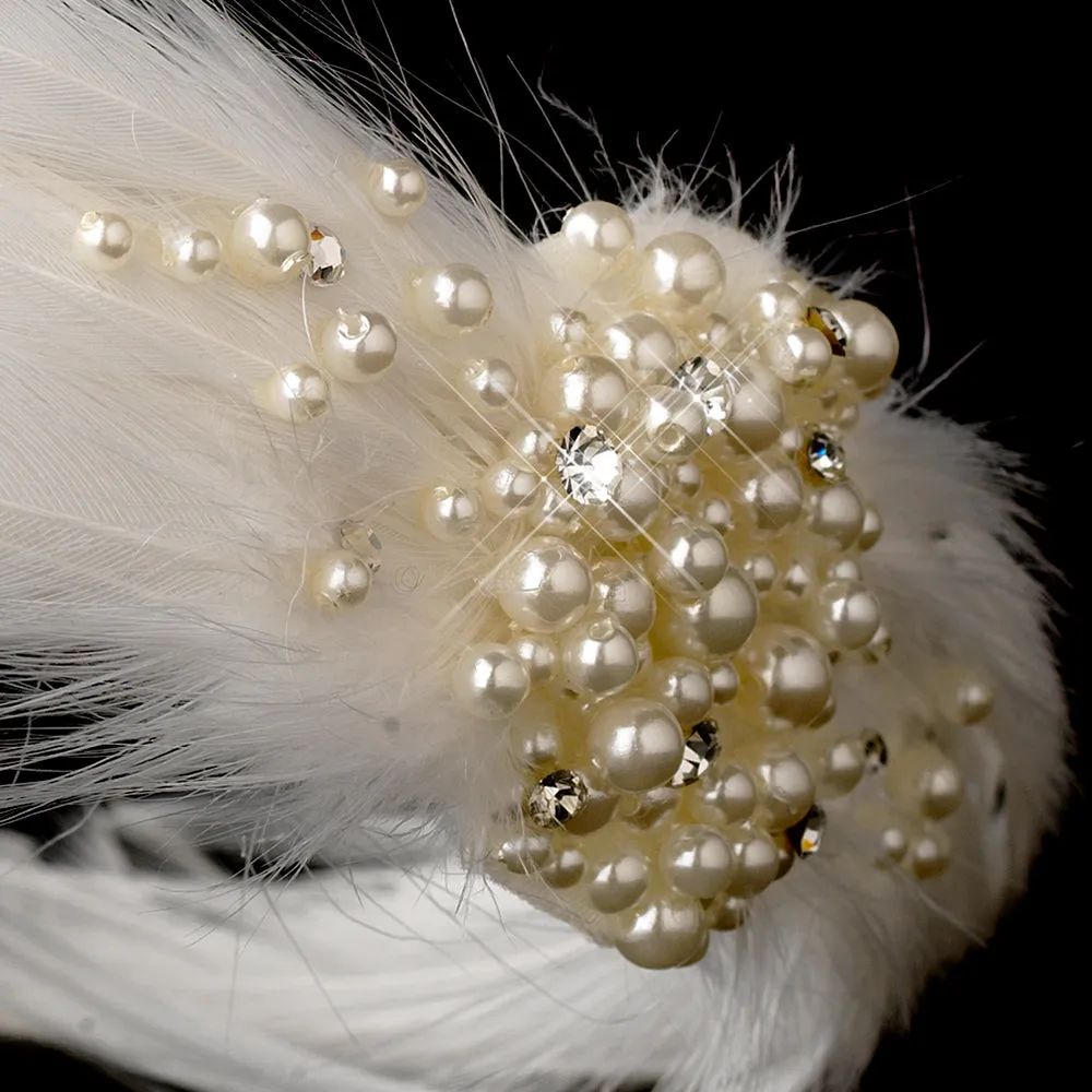 Feather, Crystal and Creamy Pearl Cluster Bridal Headband