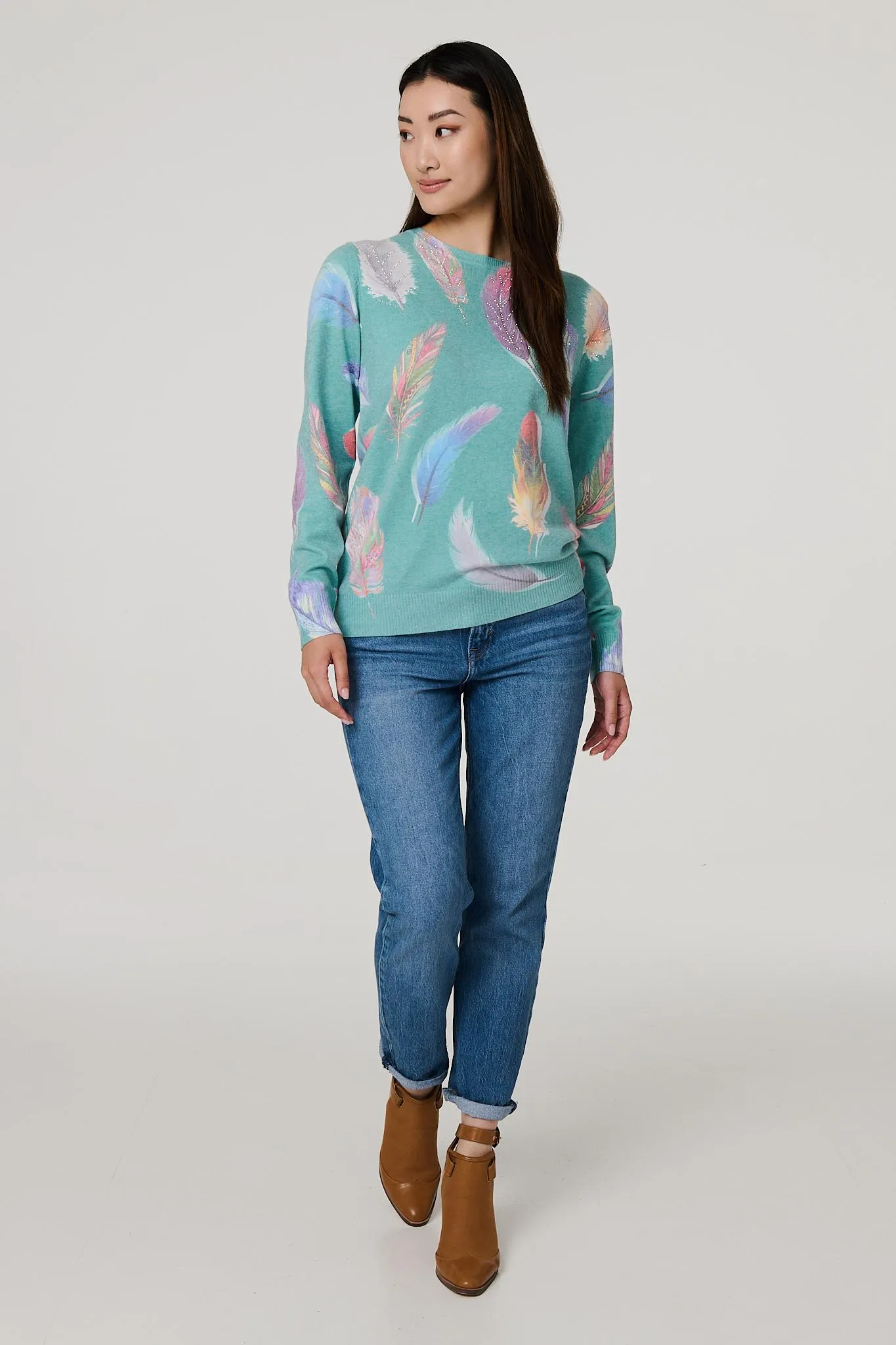 Feather Print Diamante Detail Jumper