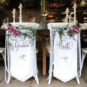 Feather Whimsy Bride and Groom Chair Banner Set Purple