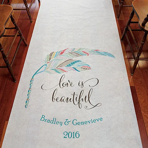 Feather Whimsy Personalized Aisle Runner White With Hearts Purple