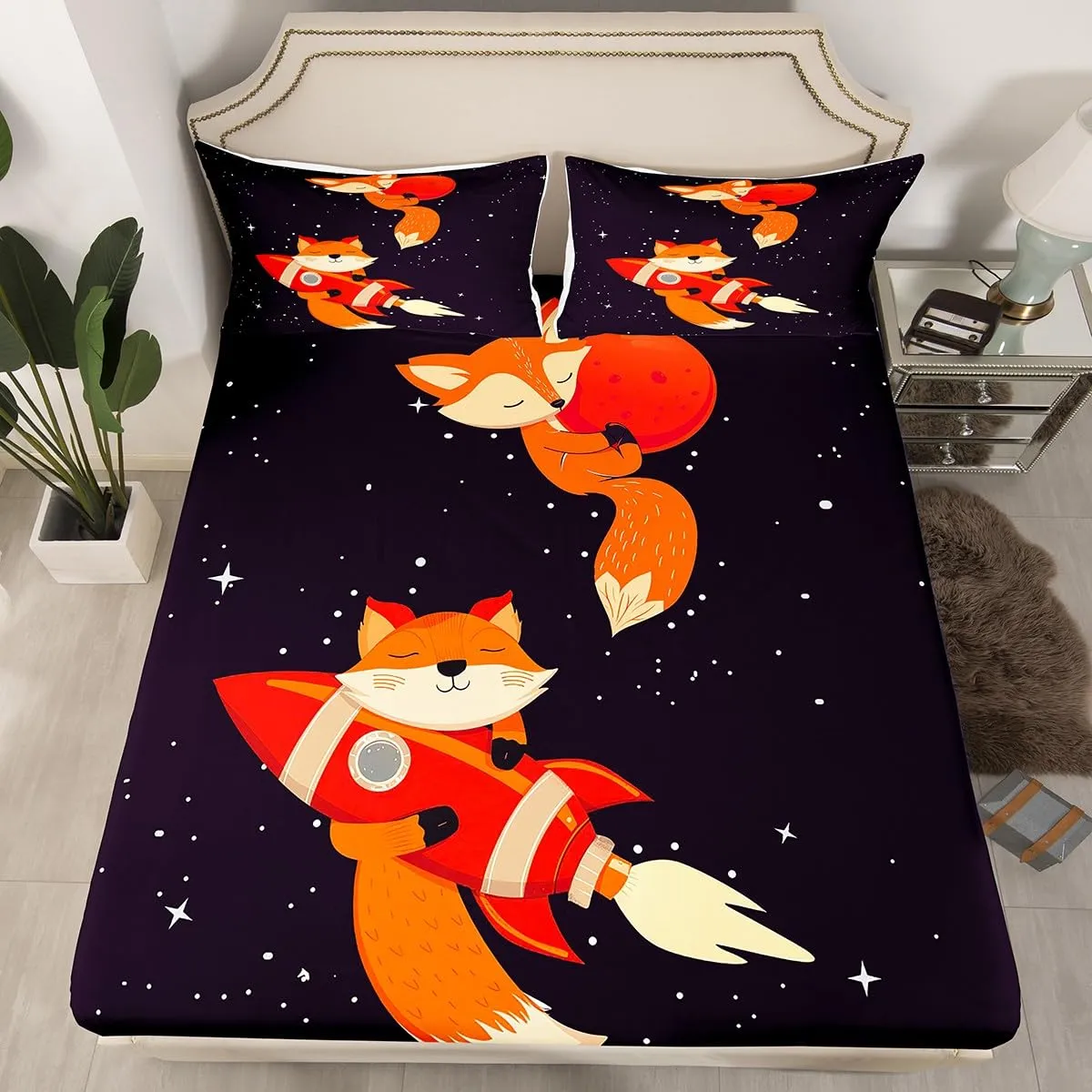 Feelyou Galaxy Fox Bed Sheets Astronaut Fox Sheet Set for Kids Boys Girls Outer Space Bed Sheet Set Animal Theme Bedding Sheets 1 Bed Sheets with 2 Pillowcases Full Size