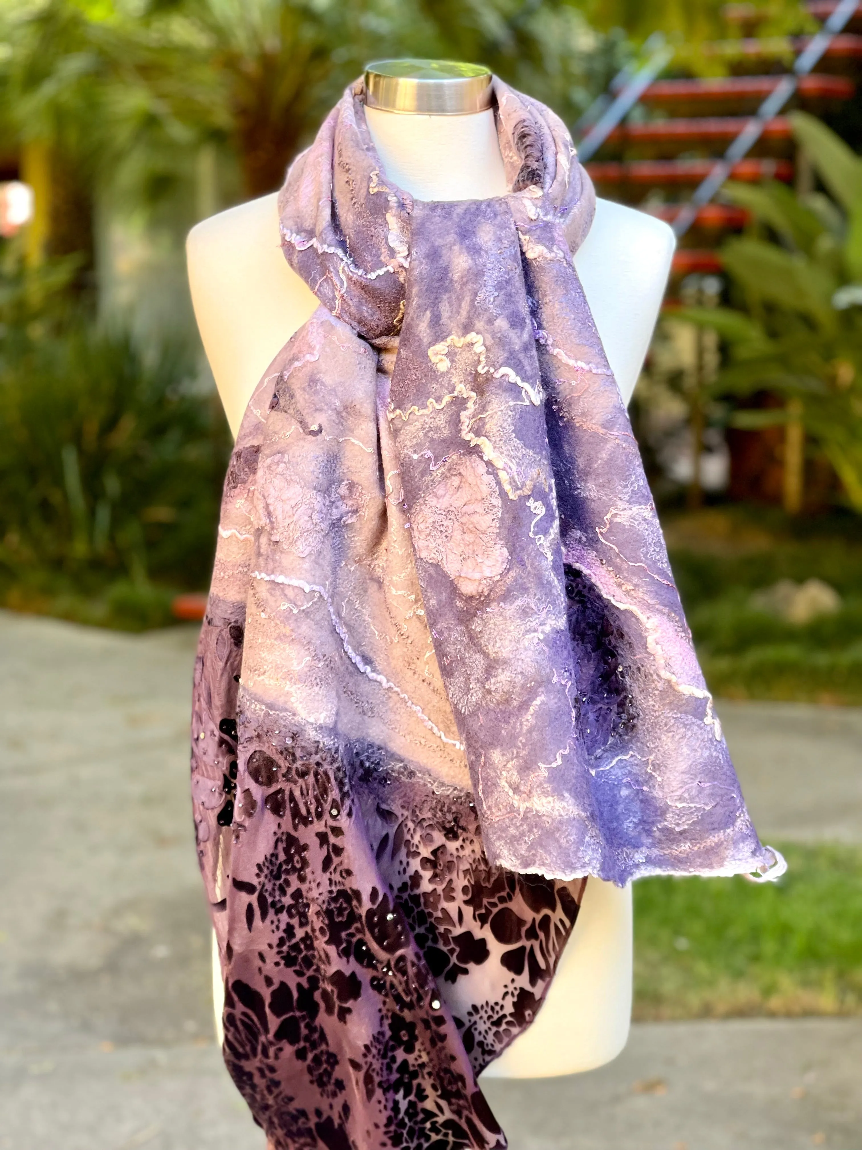 Felted Silk Scarf for Women, Hand Felt Shoulder Wrap, Nuno Felted Scarf, Wedding Textured Shawl, Felt Silk Scarf, Wool Scarf