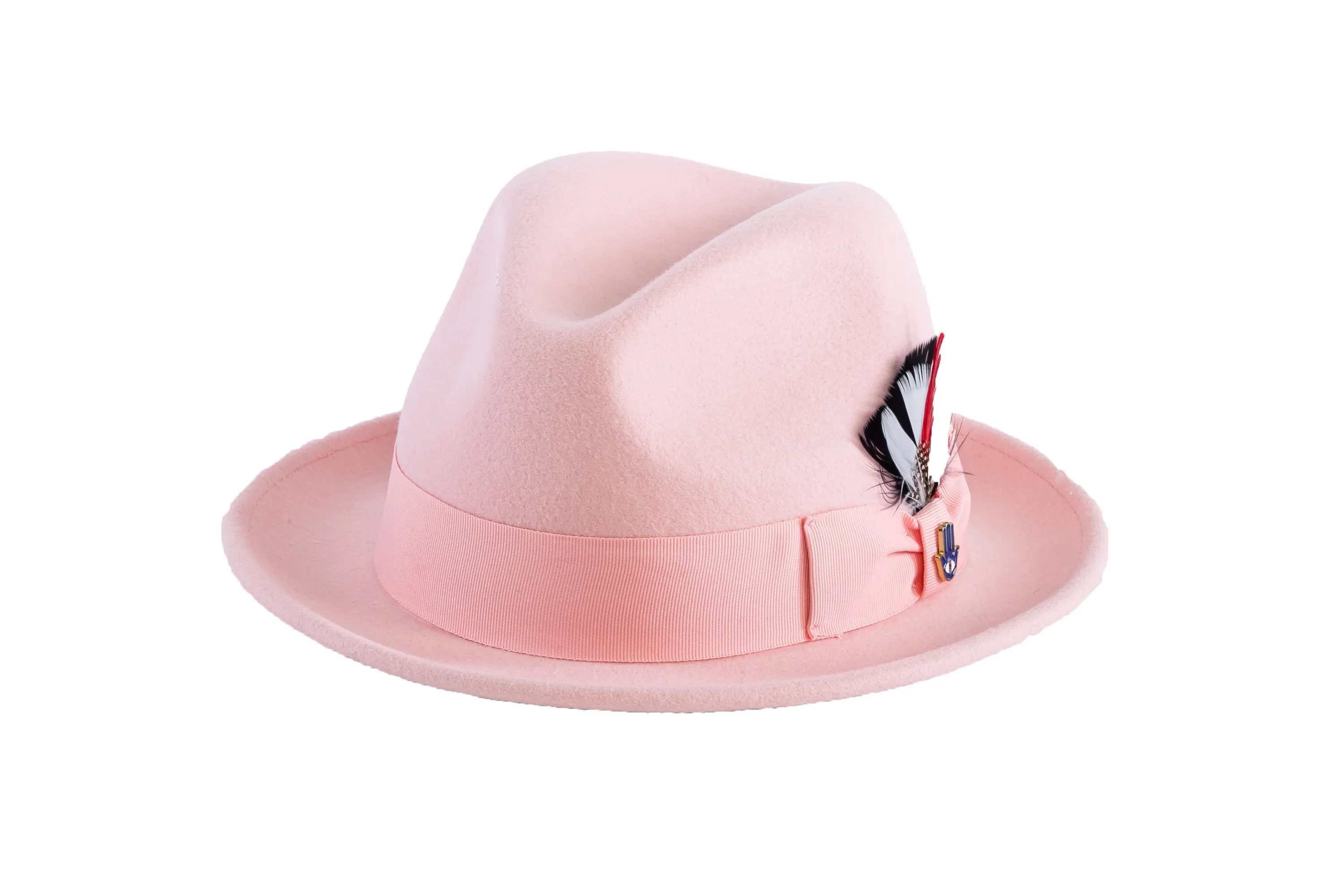 Ferrecci Brooks Trilby Soft 100% Australian Wool Felt Body with Removable Feather Fully Crushable pink hat Great for Travel