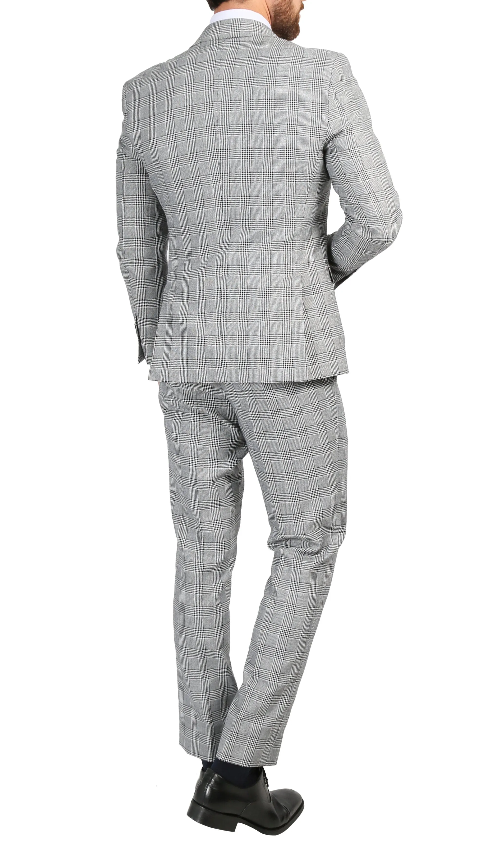 Ferrecci Men's Conrad Skinny Slim Fit Grey 2 Piece Glen Plaid Peak Lapel Suit