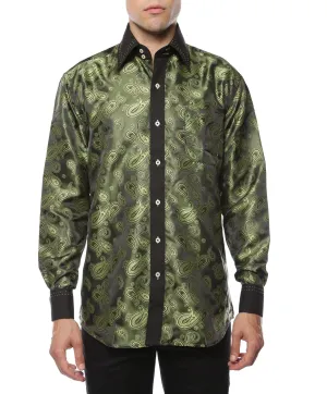 Ferrecci Men's Satine Hi-1010 Green Paisley Button Down Dress Shirt