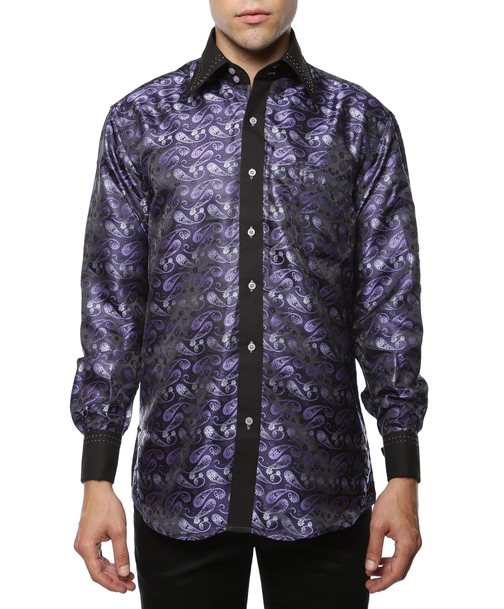 Ferrecci Men's Satine Hi-1013 Purple & Black Flower Button Down Dress Shirt