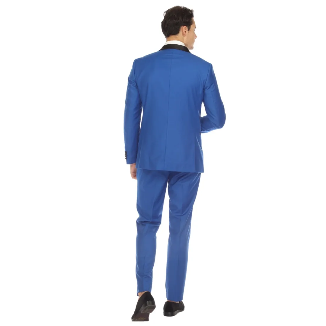 Ferrecci Slim Royal Blue Satin Black Shawl Collar Tuxedo Jacket With Black Pants