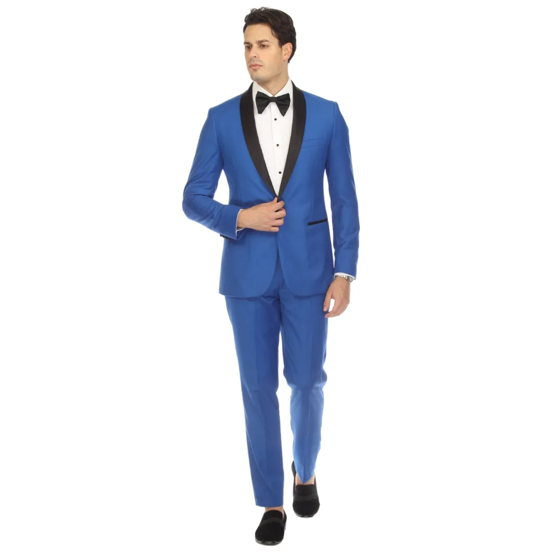 Ferrecci Slim Royal Blue Satin Black Shawl Collar Tuxedo Jacket With Black Pants