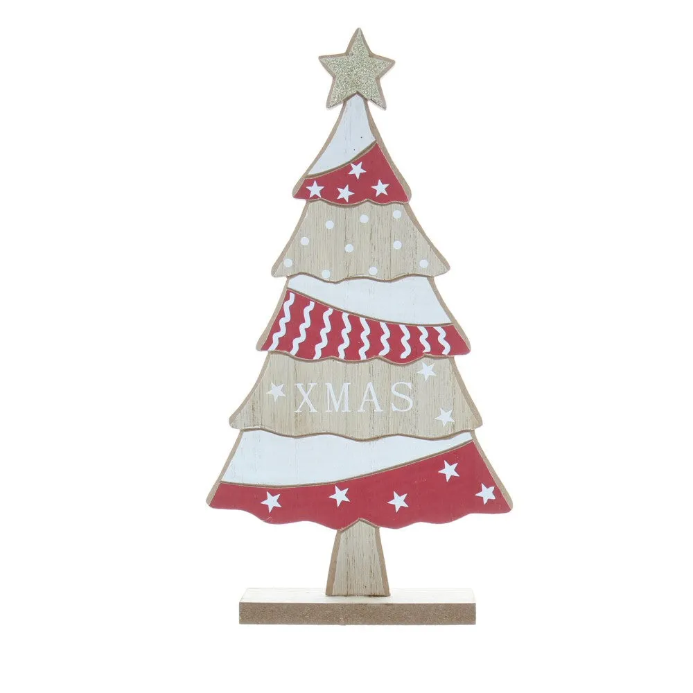 Festive 25cm Red/White Wooden Christmas Tree with Xmas