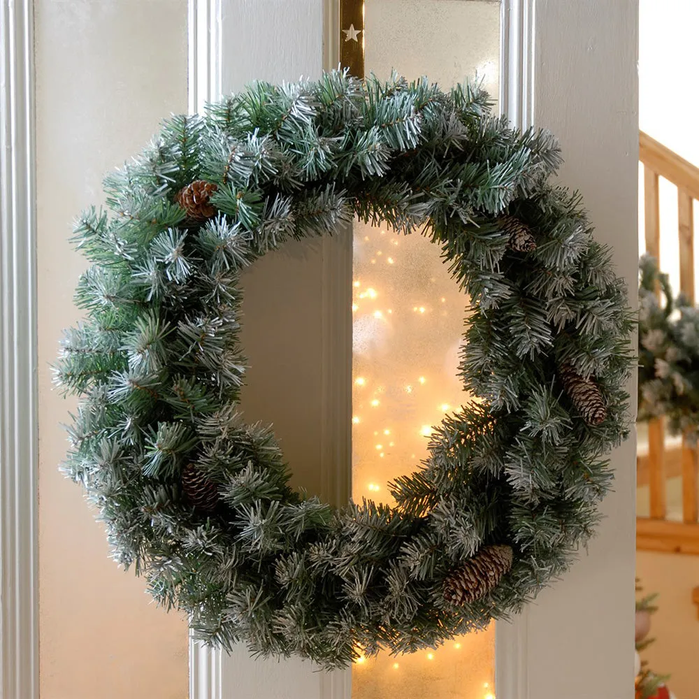 Festive 60cm Frosted Wreath with Real Pine Cones