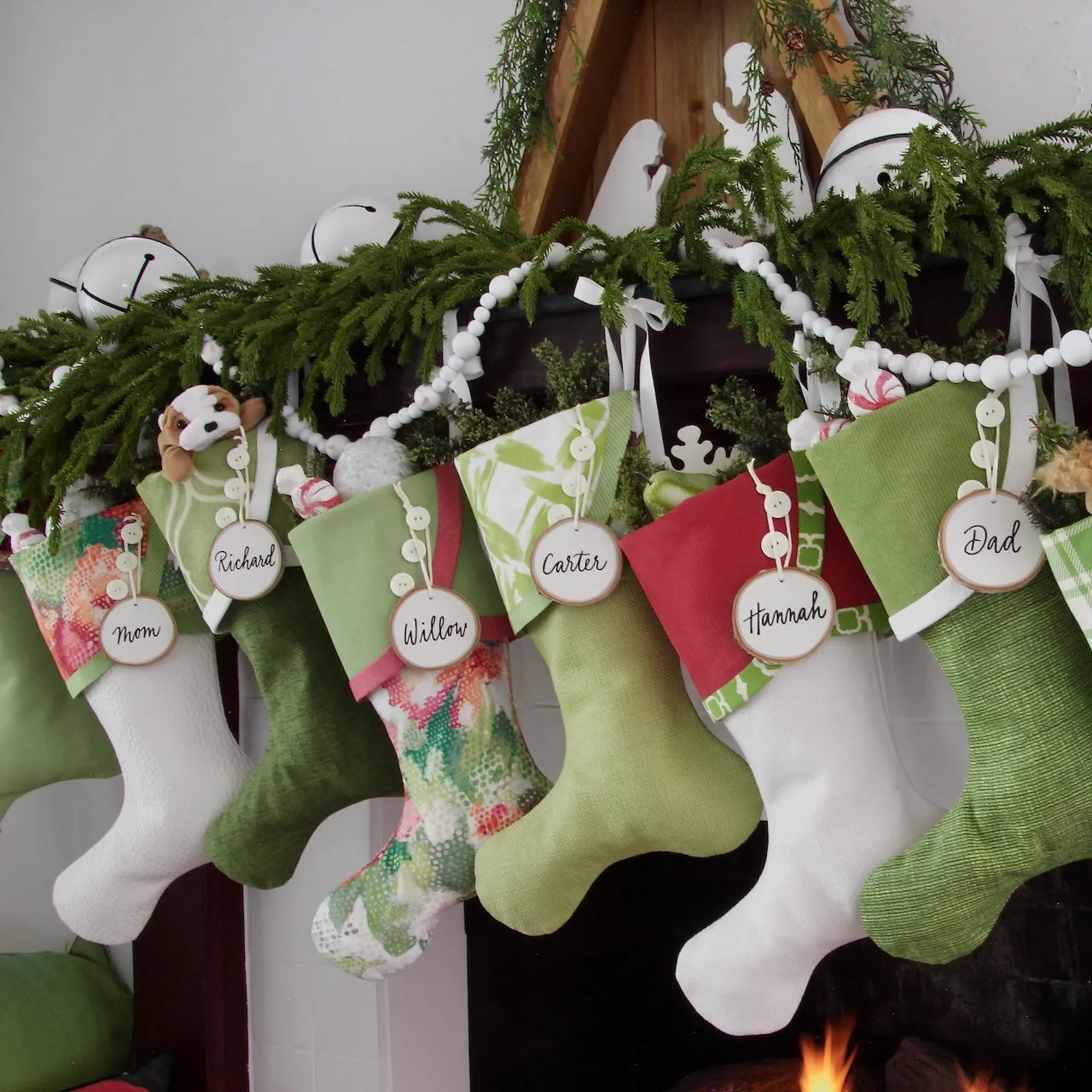 Festive Christmas Stockings With a Tropical Flair -- Vibrant Greens and Raspberry Reds -- Shipping Included