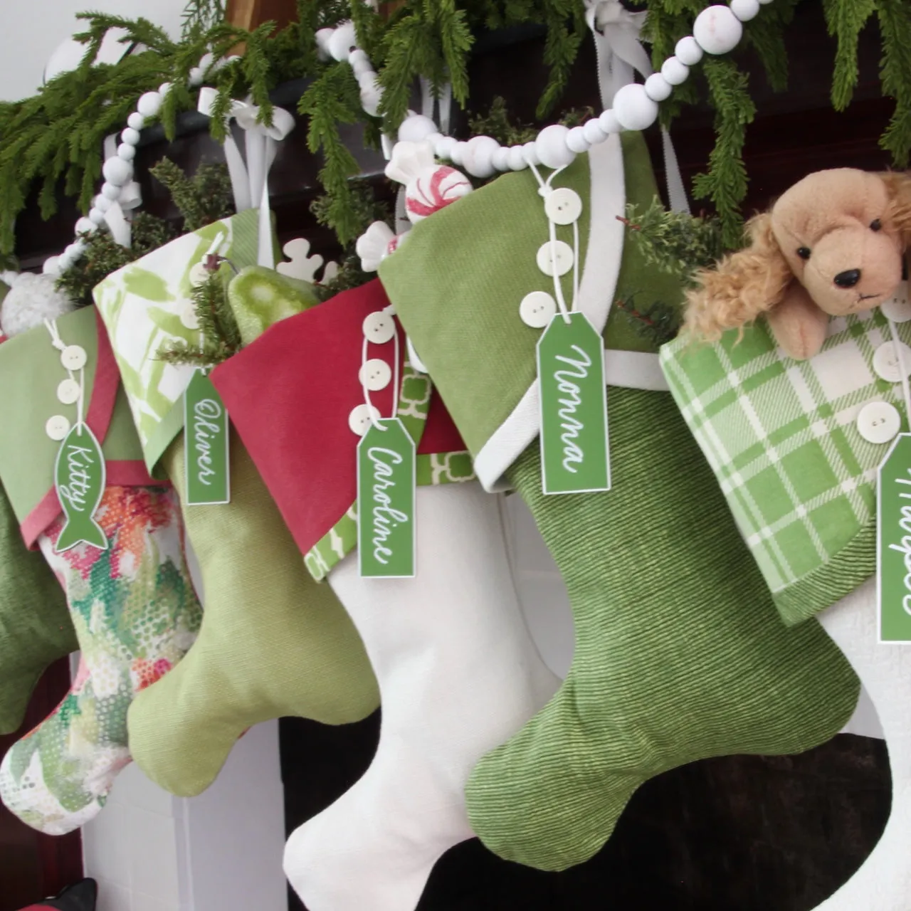 Festive Christmas Stockings With a Tropical Flair -- Vibrant Greens and Raspberry Reds -- Shipping Included