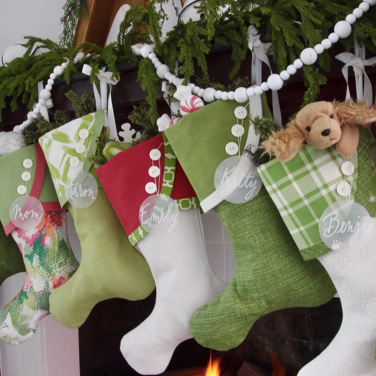 Festive Christmas Stockings With a Tropical Flair -- Vibrant Greens and Raspberry Reds -- Shipping Included