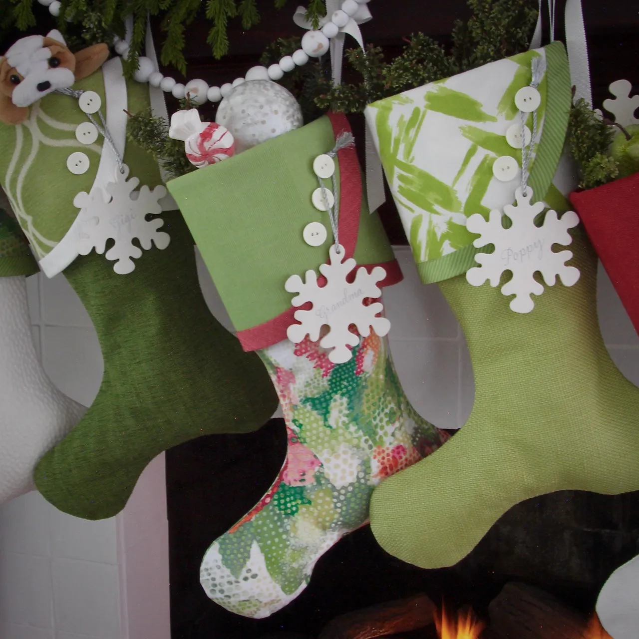 Festive Christmas Stockings With a Tropical Flair -- Vibrant Greens and Raspberry Reds -- Shipping Included