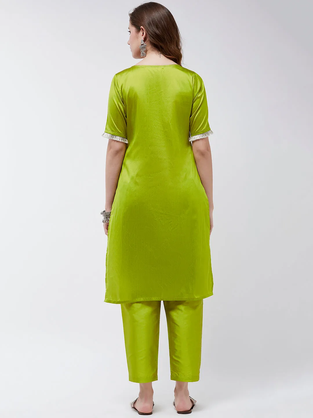 Festive Embroidered High-Low Kurta With Matching Pants