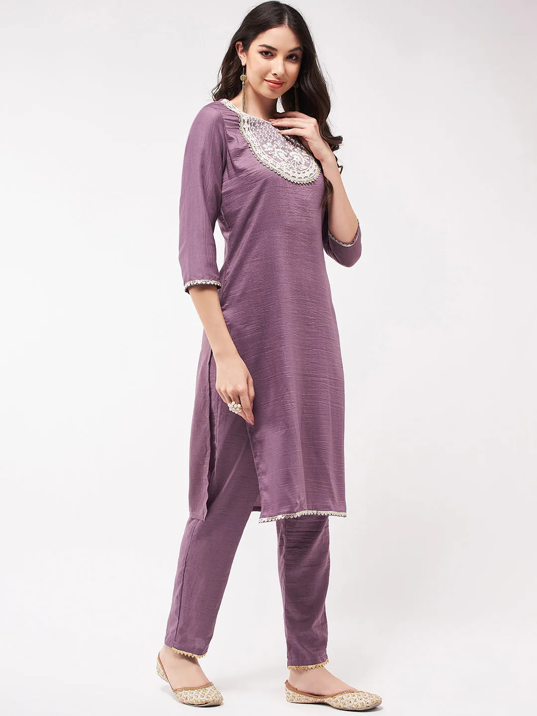 Festive Embroidered Round Neck-Patch Kurta With Laces